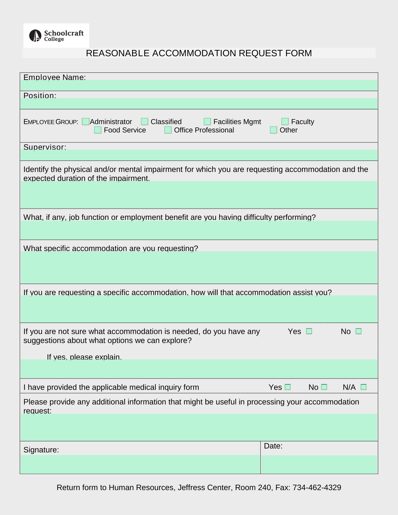 Reasonable Accommodation Request Form screenshot