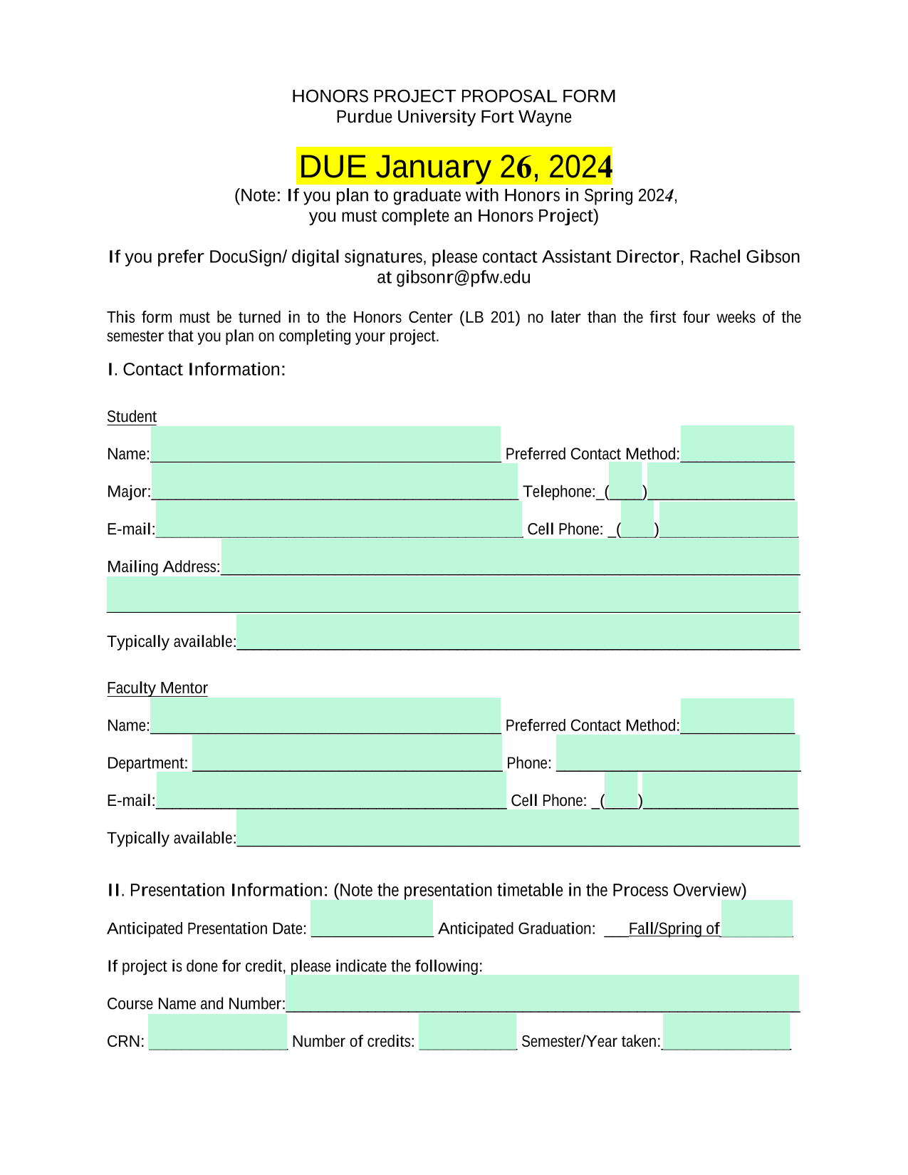 Honors Project Proposal Form screenshot