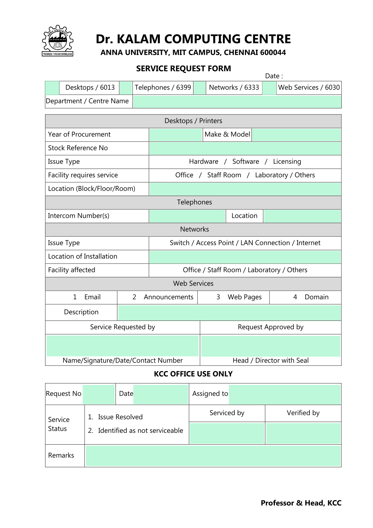 Service Request Form screenshot