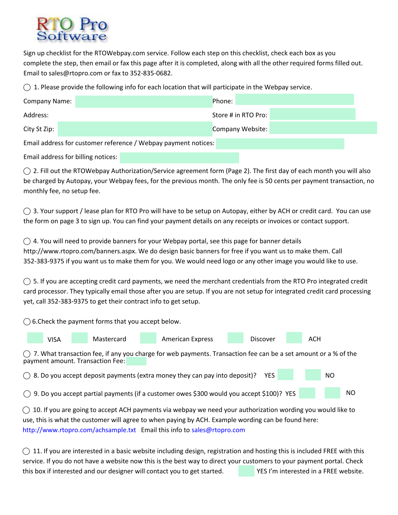 RTOWebpay Service Sign Up Checklist screenshot
