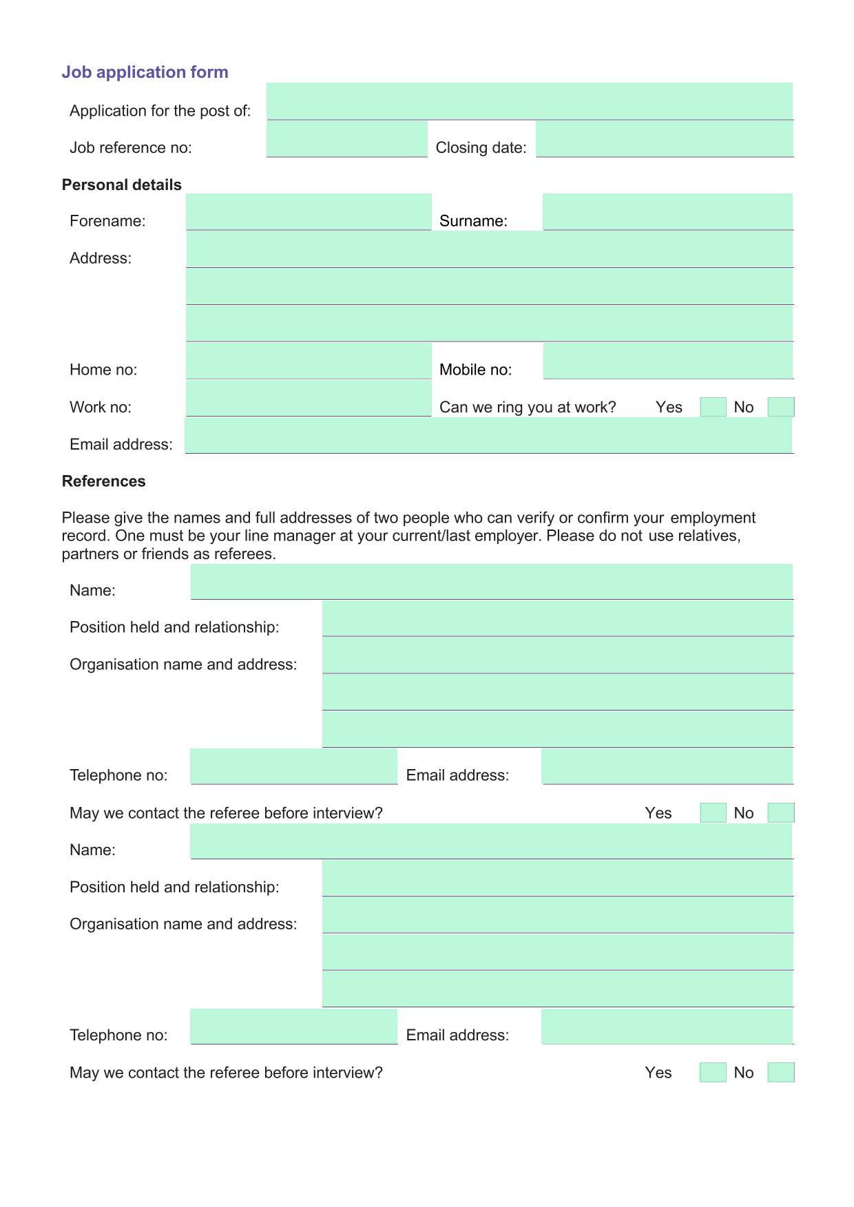 Job Application Form screenshot