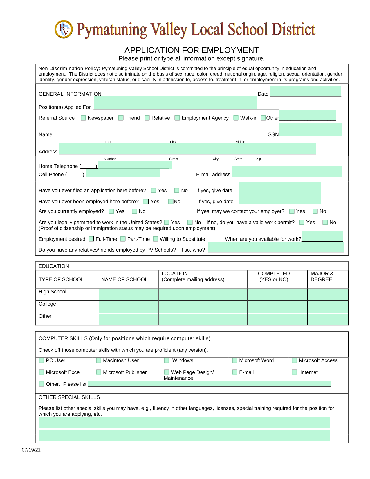 APPLICATION FOR EMPLOYMENT screenshot