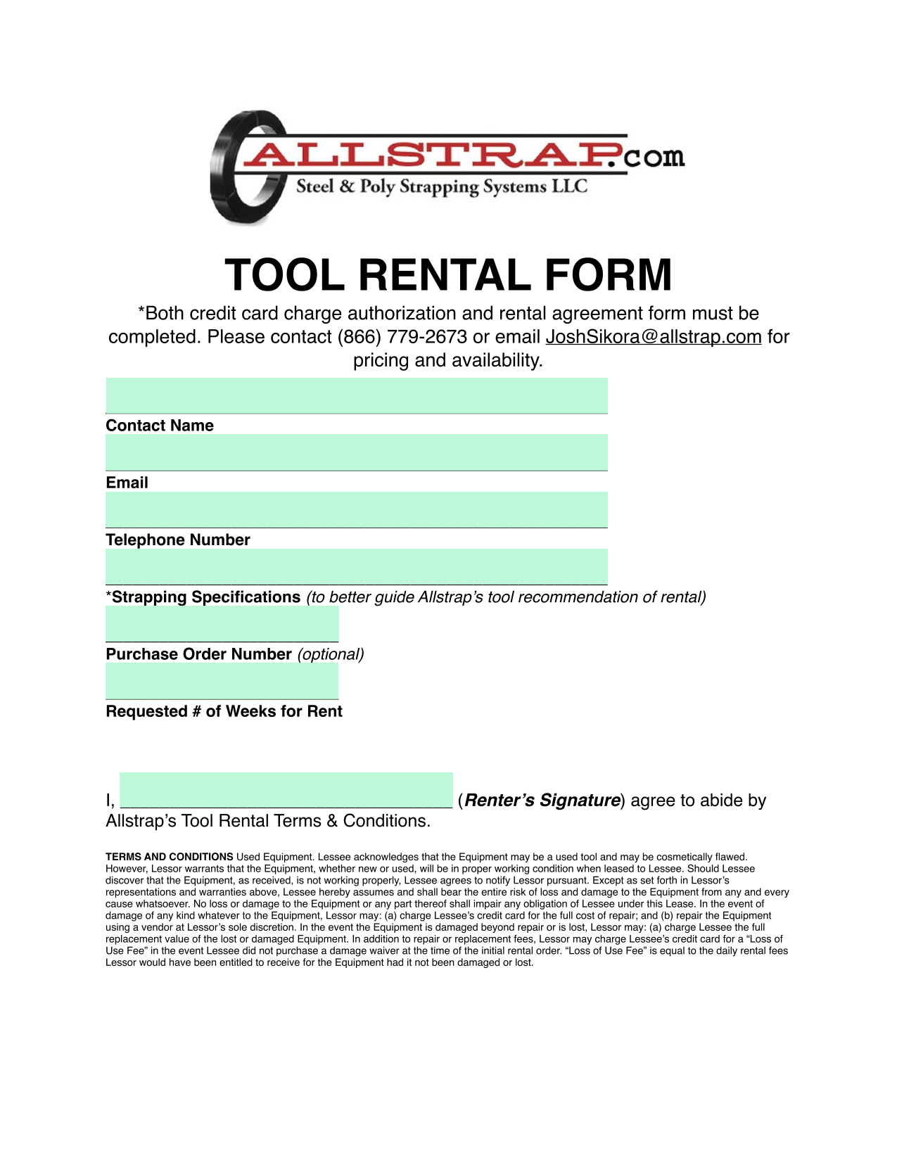 Tool Rental Form screenshot