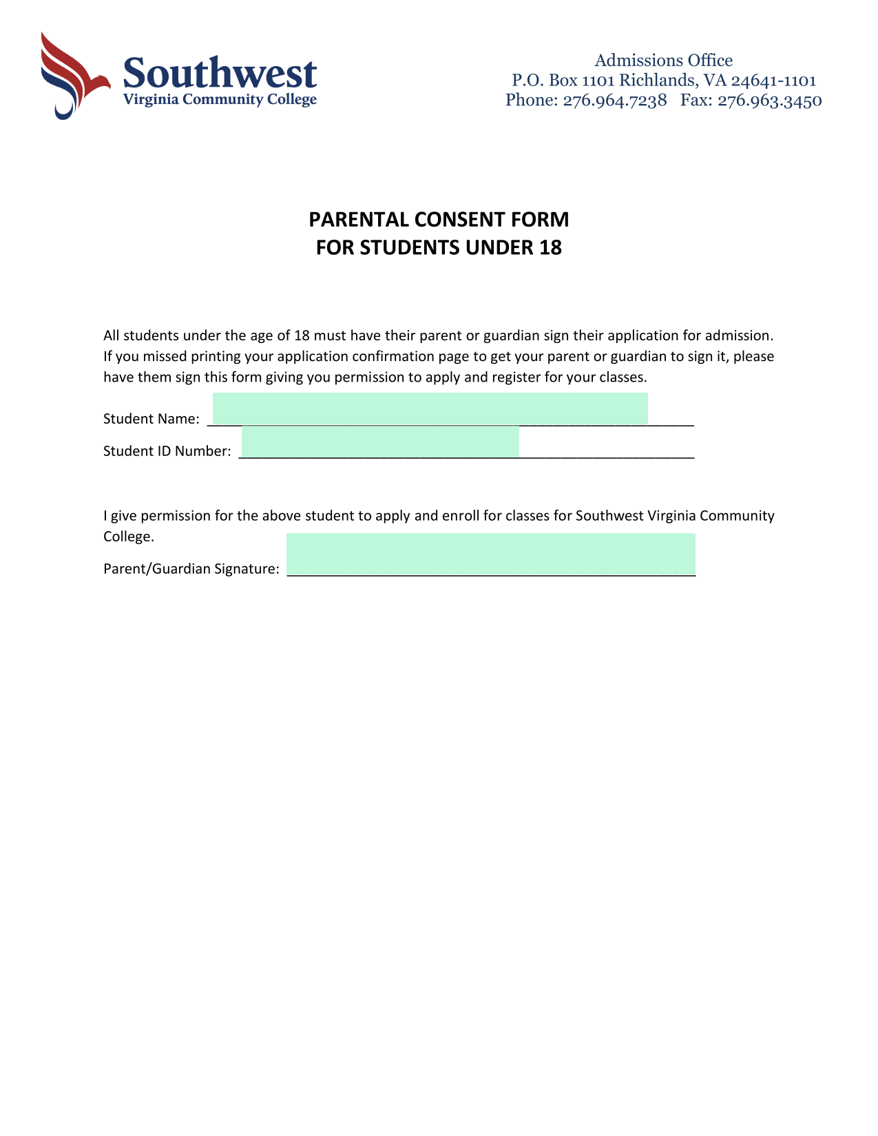 Parental Consent Form For Students Under 18 screenshot