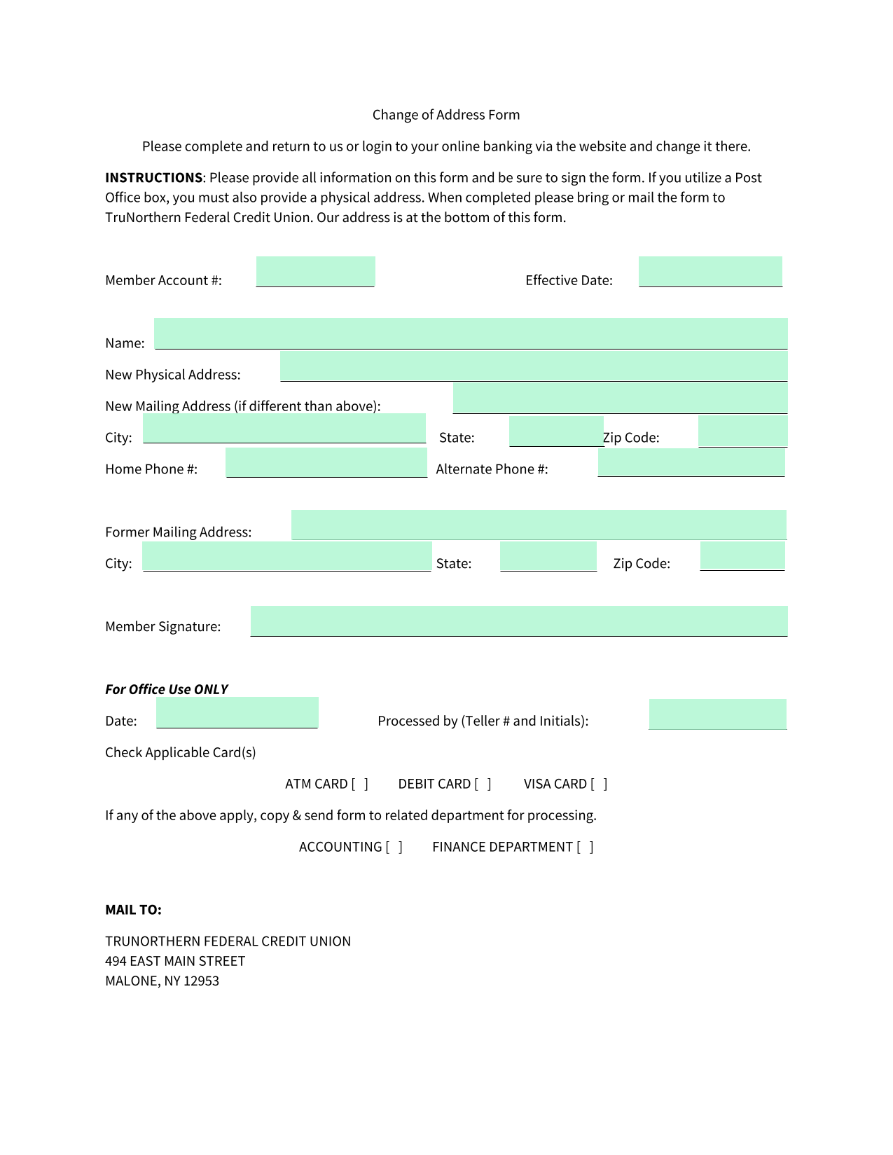 Change Of Address Form screenshot