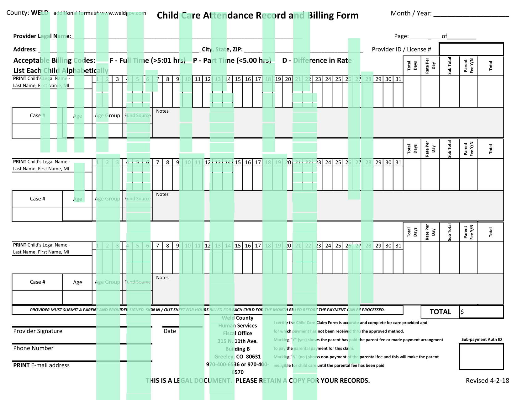 Child Care Attendance Record And Billing Form screenshot