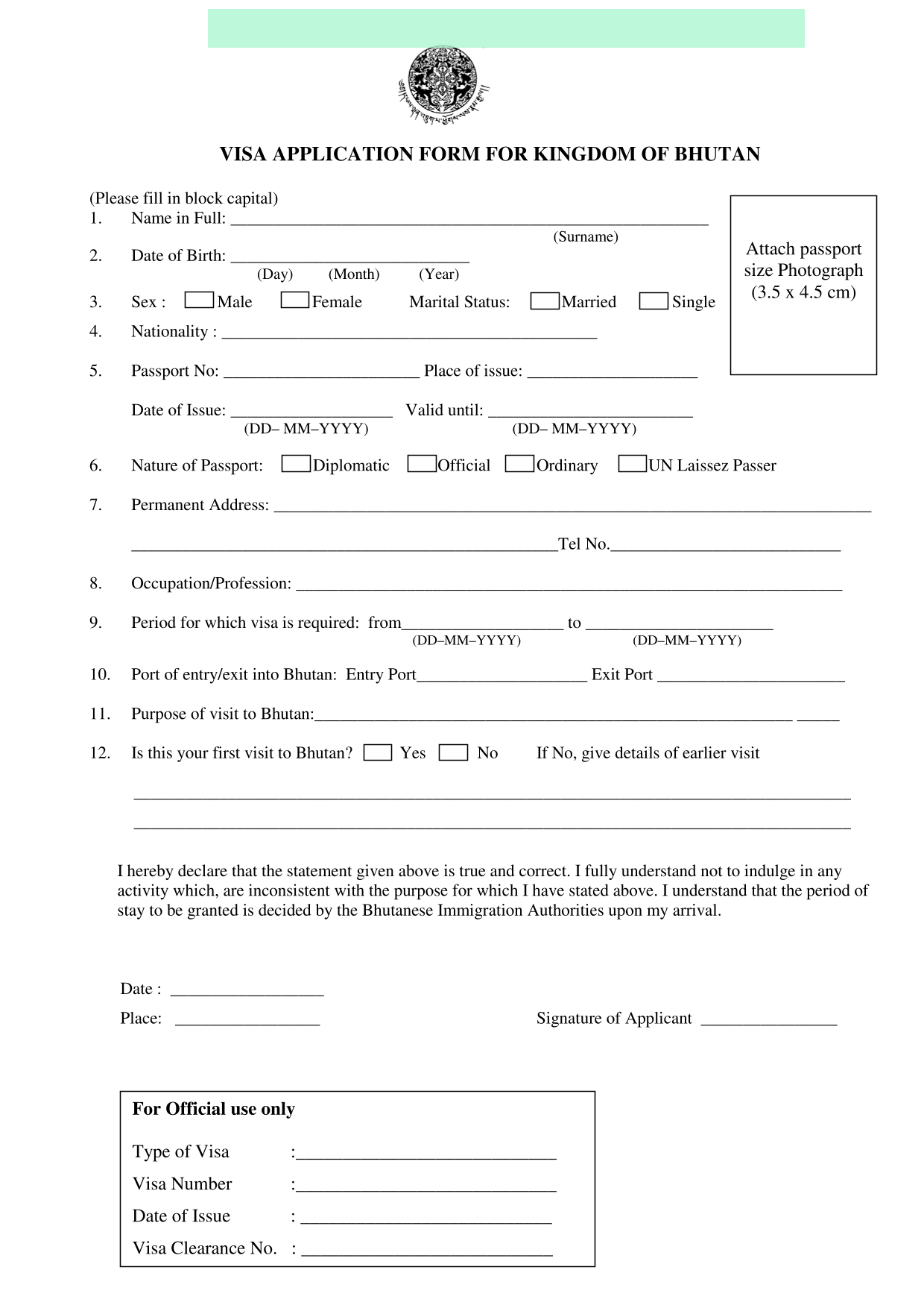 VISA APPLICATION FORM FOR KINGDOM OF BHUTAN screenshot
