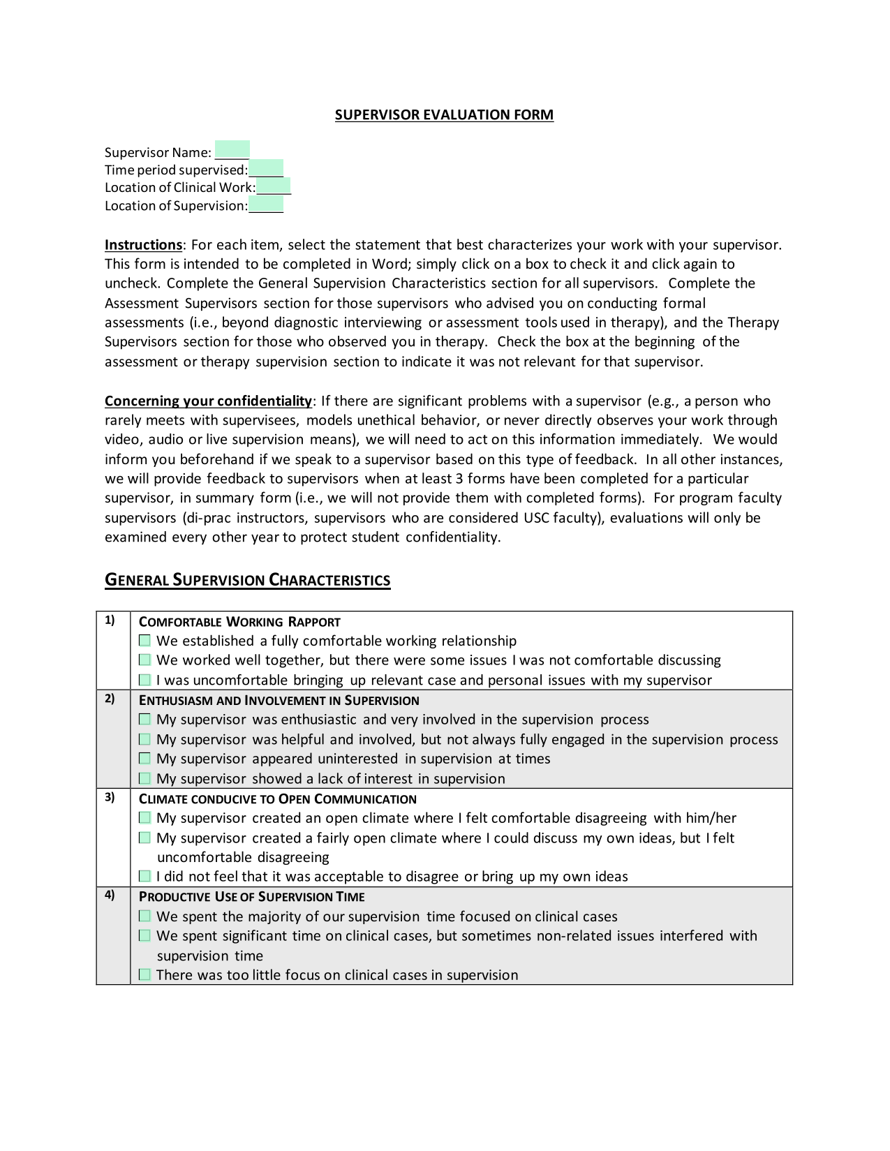 Supervisor Evaluation Form screenshot