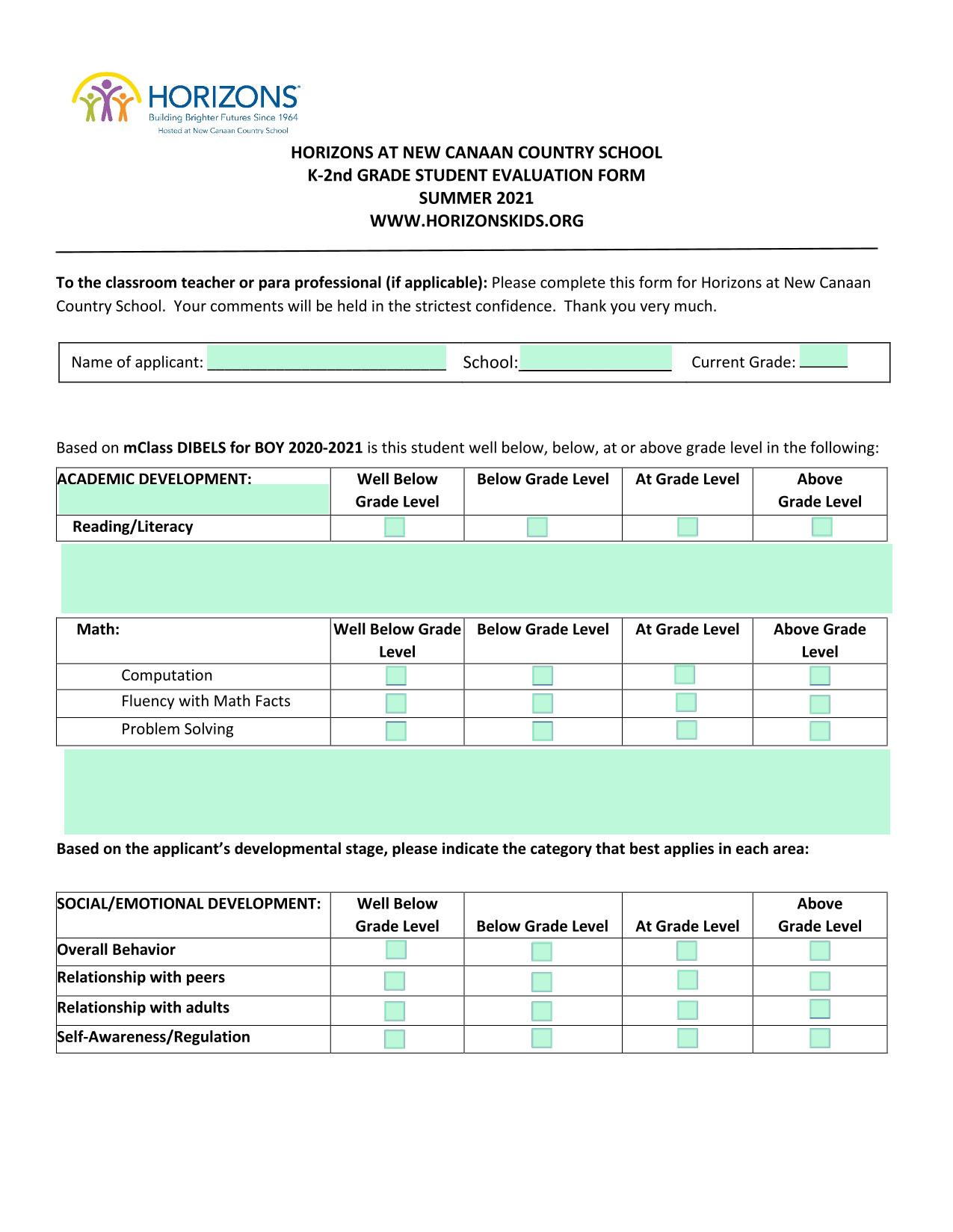 K 2nd Grade Student Evaluation Form screenshot