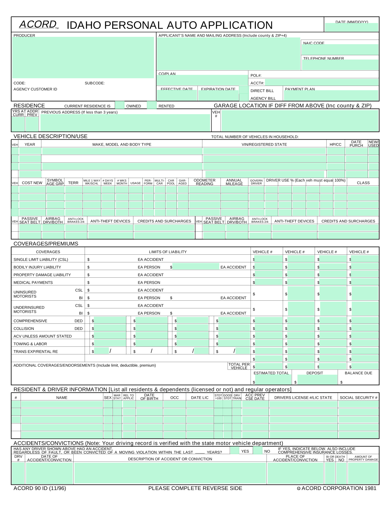 Idaho Personal Auto Application (ACORD 90 ID) screenshot