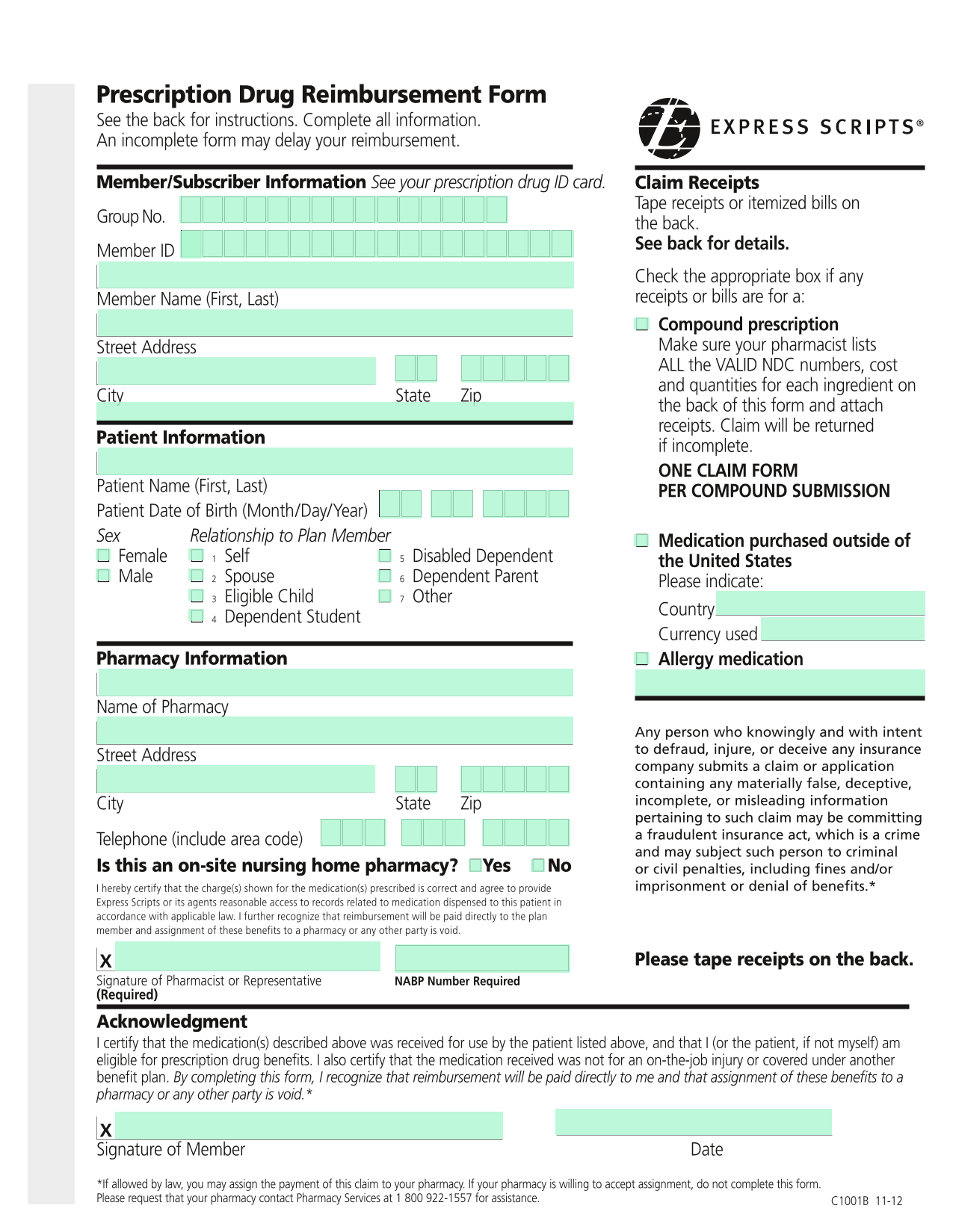 Prescription Drug Reimbursement Form screenshot