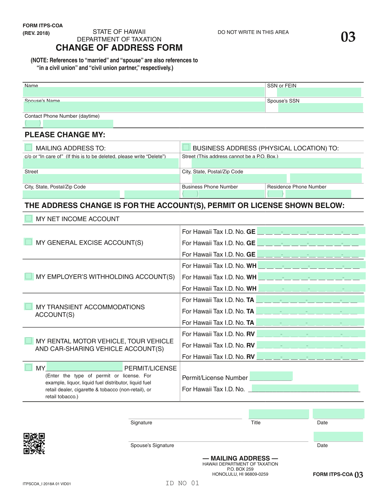 STATE OF HAWAII DEPARTMENT OF TAXATION CHANGE OF ADDRESS FORM screenshot