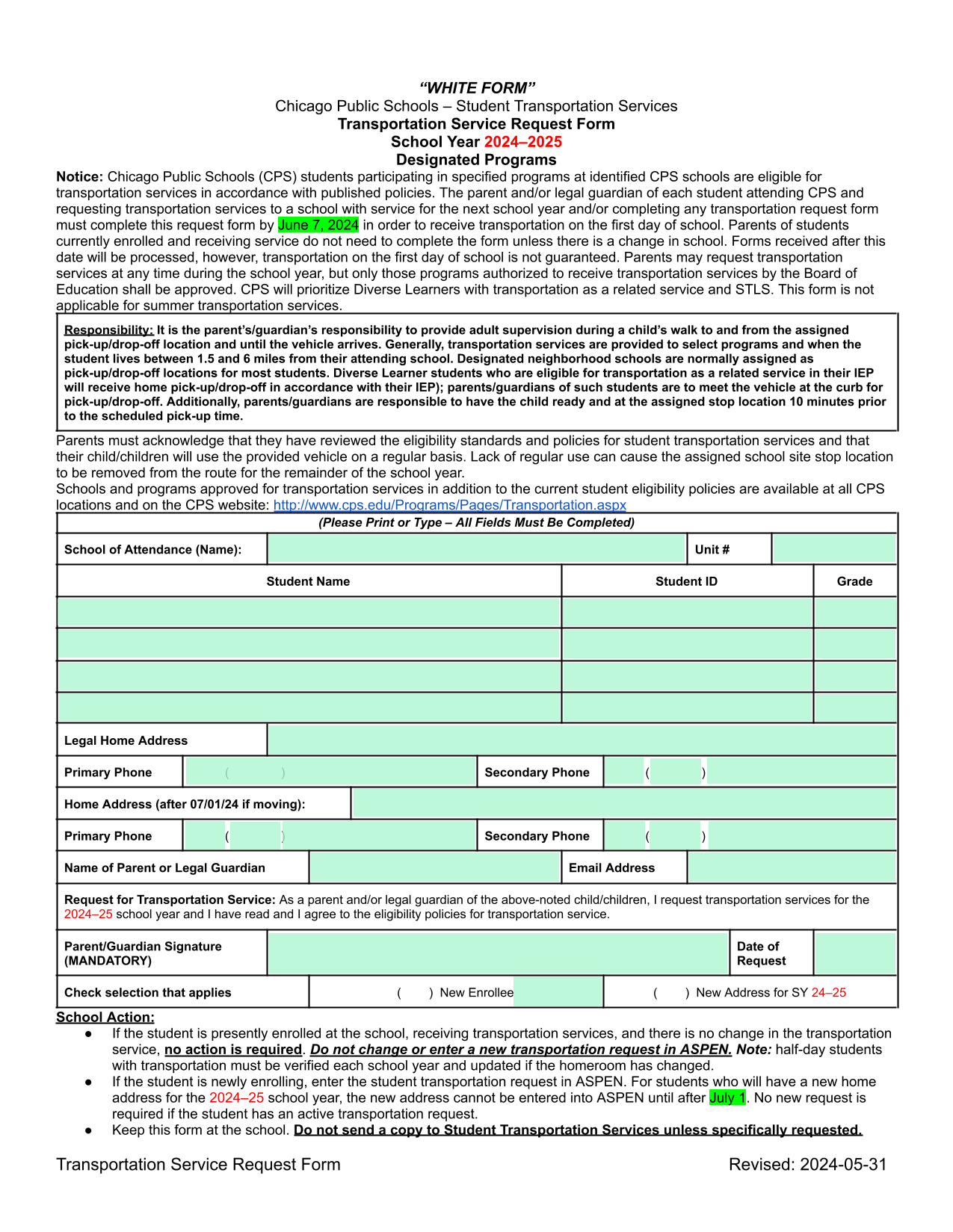 Transportation Service Request Form screenshot