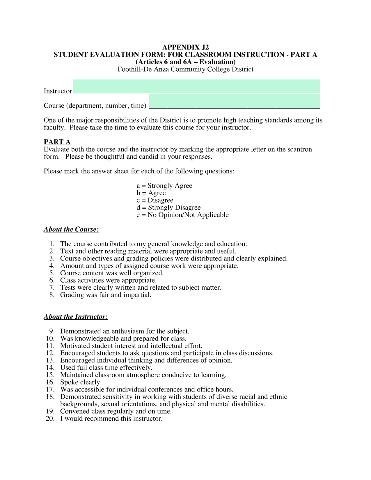 STUDENT EVALUATION FORM FOR CLASSROOM INSTRUCTION   PART A screenshot