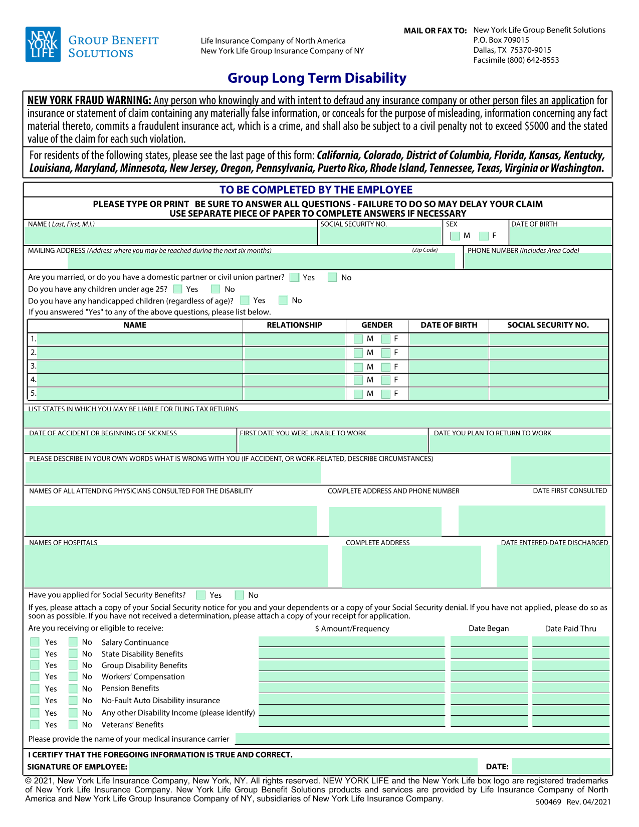 Disability Claim Form screenshot
