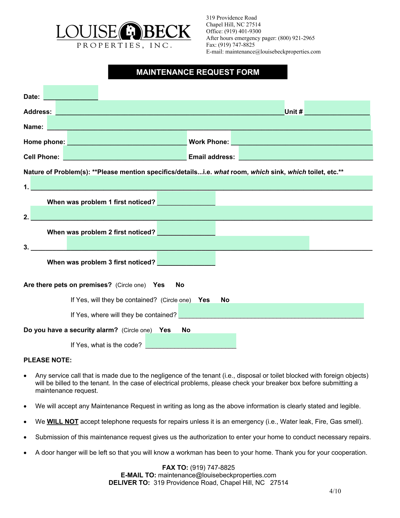 MAINTENANCE REQUEST FORM screenshot