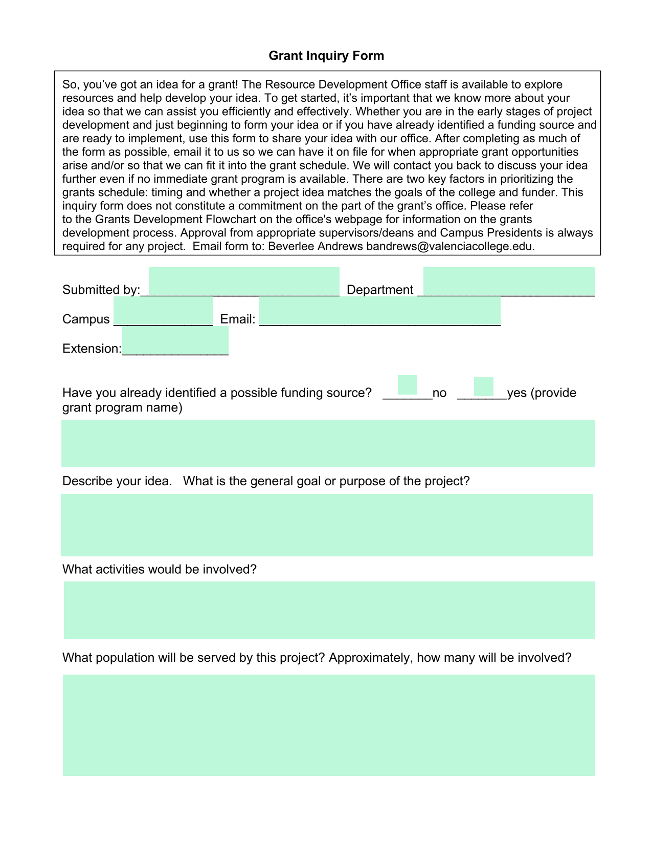 Grant Inquiry Form screenshot