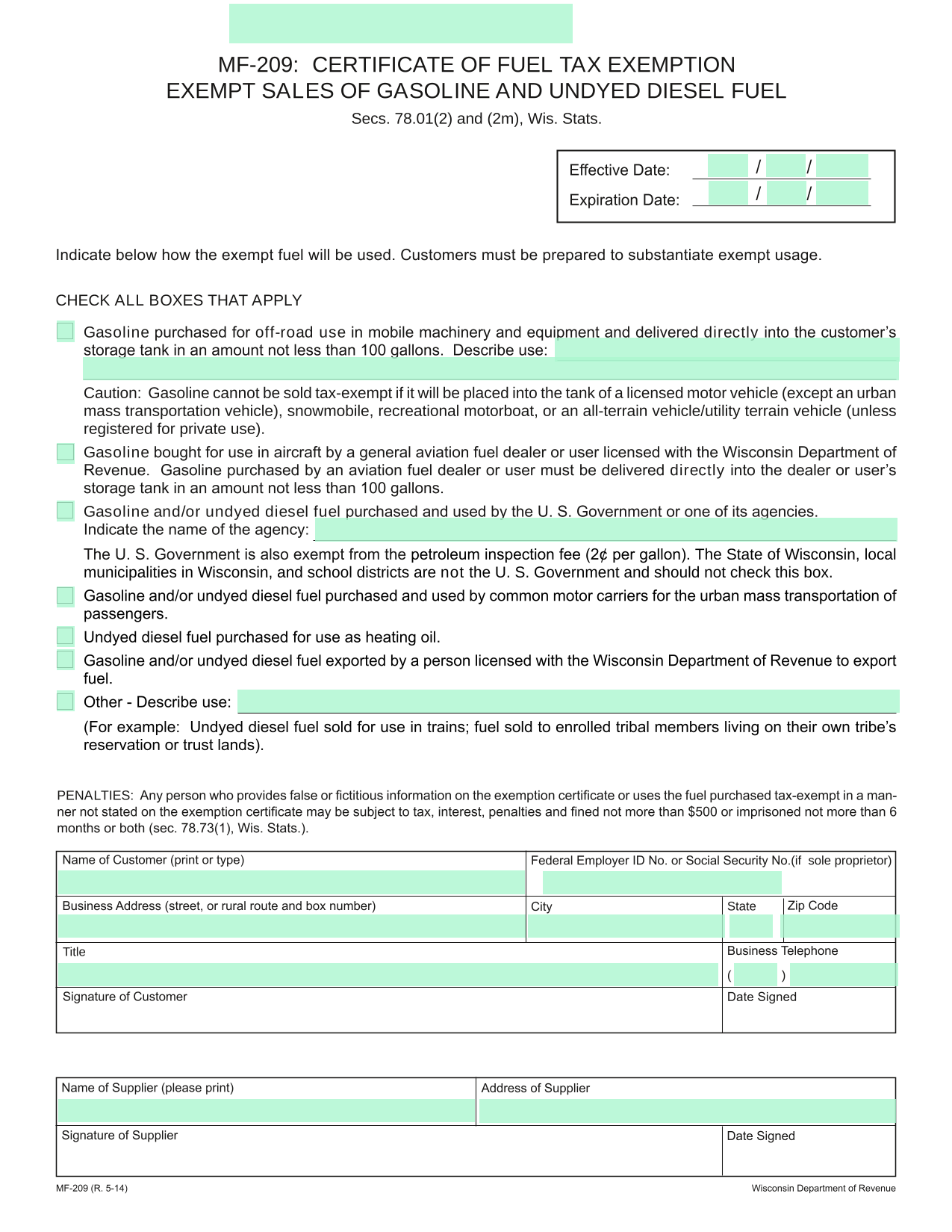 MF 209 CERTIFICATE OF FUEL TAX EXEMPTION screenshot