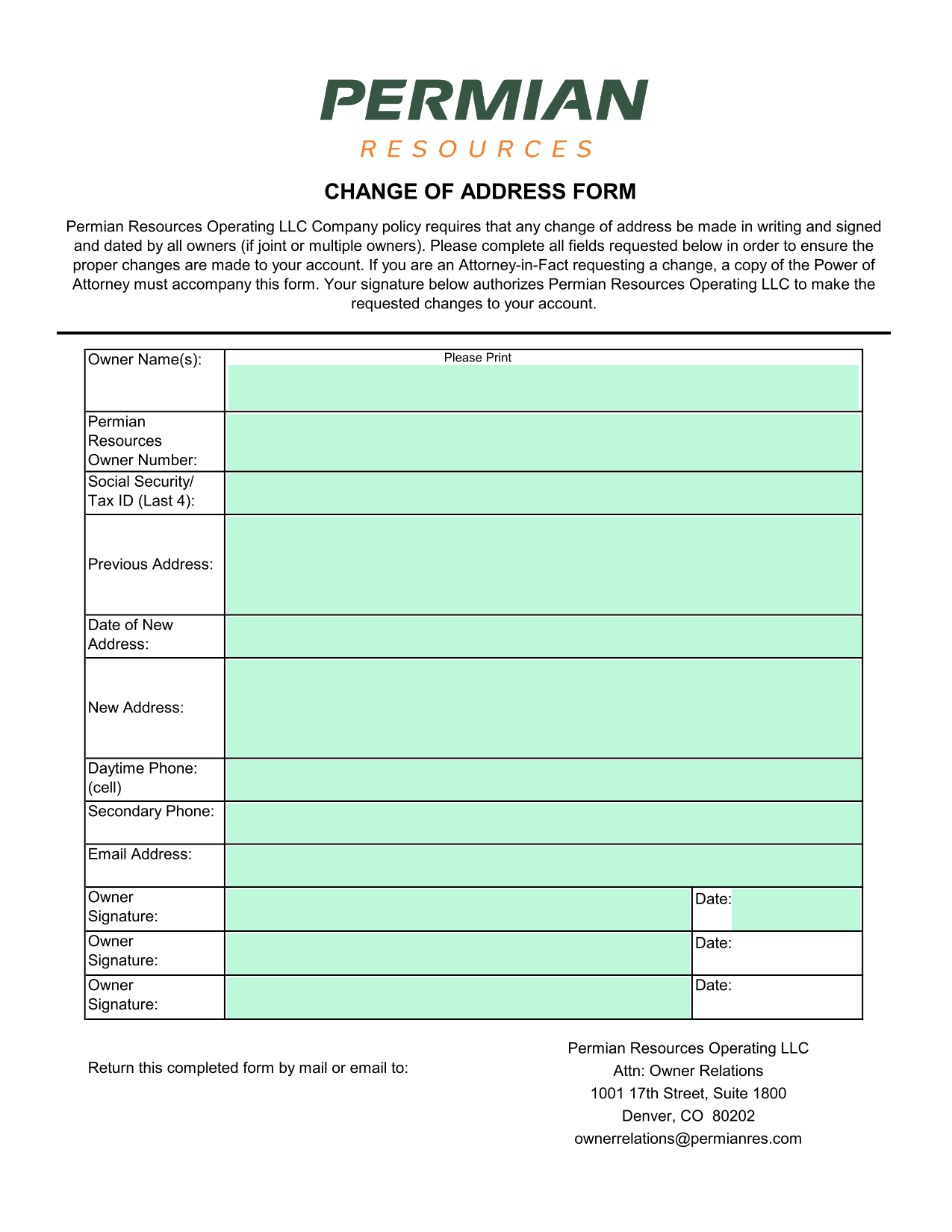 Change Of Address Form screenshot