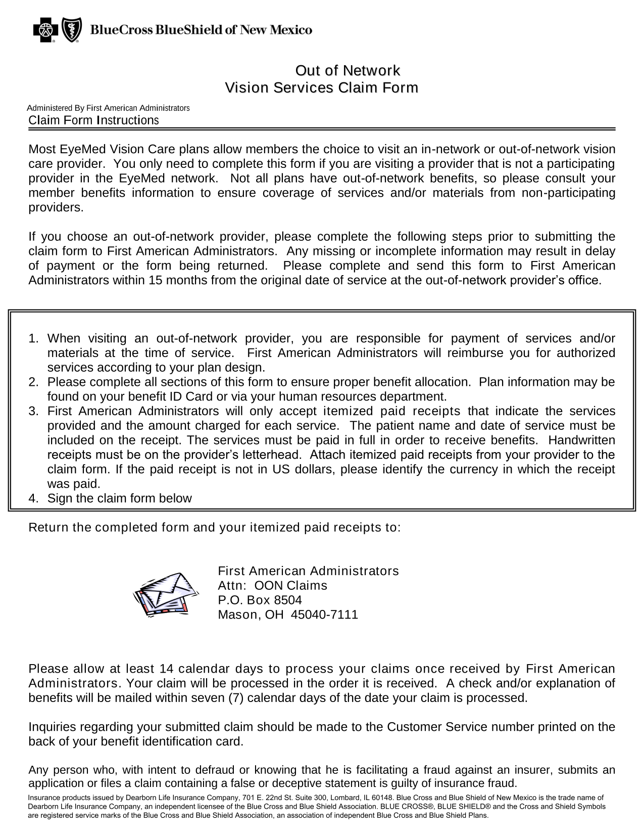 Out Of Network Vision Services Claim Form screenshot