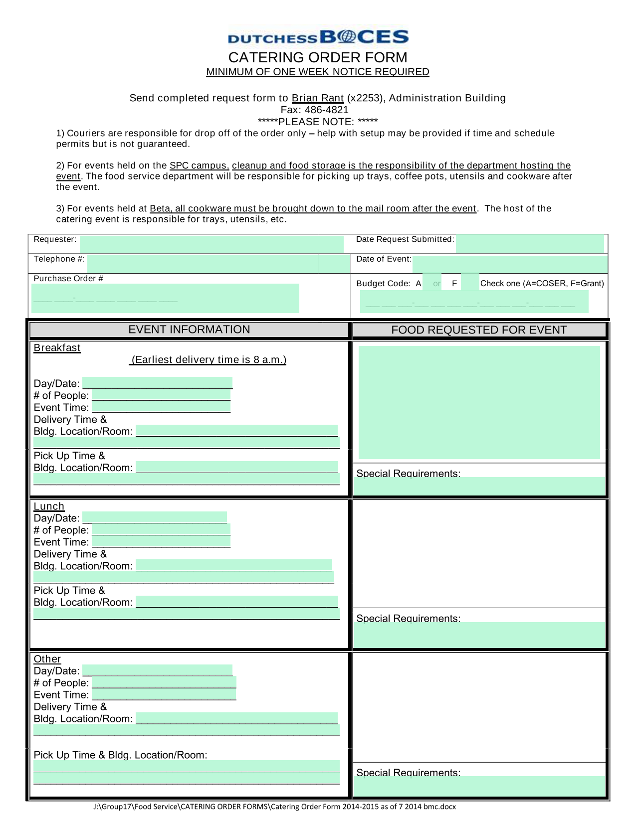 CATERING ORDER FORM screenshot