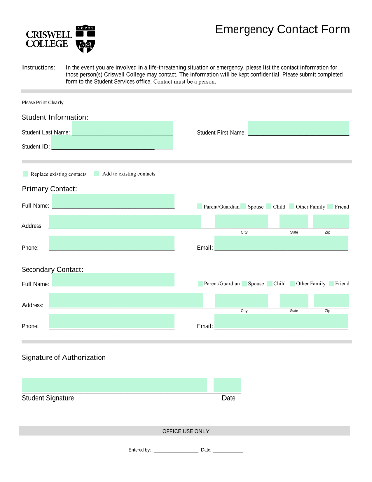 Emergency Contact Form screenshot