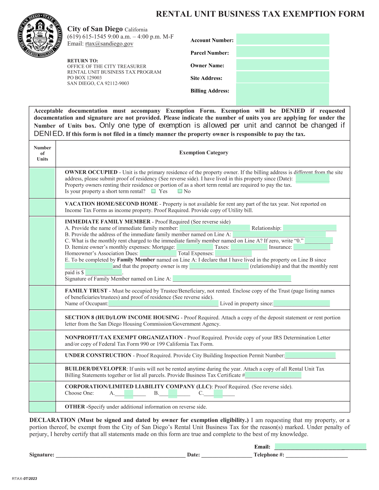 Rental Unit Business Tax Exemption Form screenshot