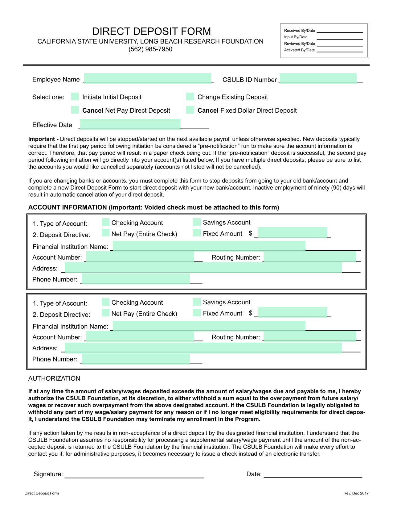 Direct Deposit Form screenshot