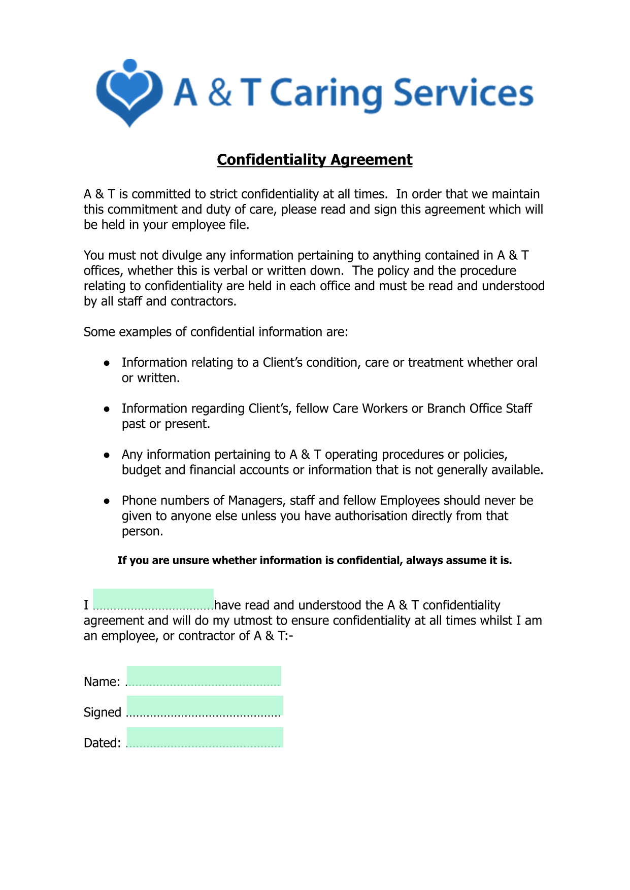 Confidentiality Agreement screenshot