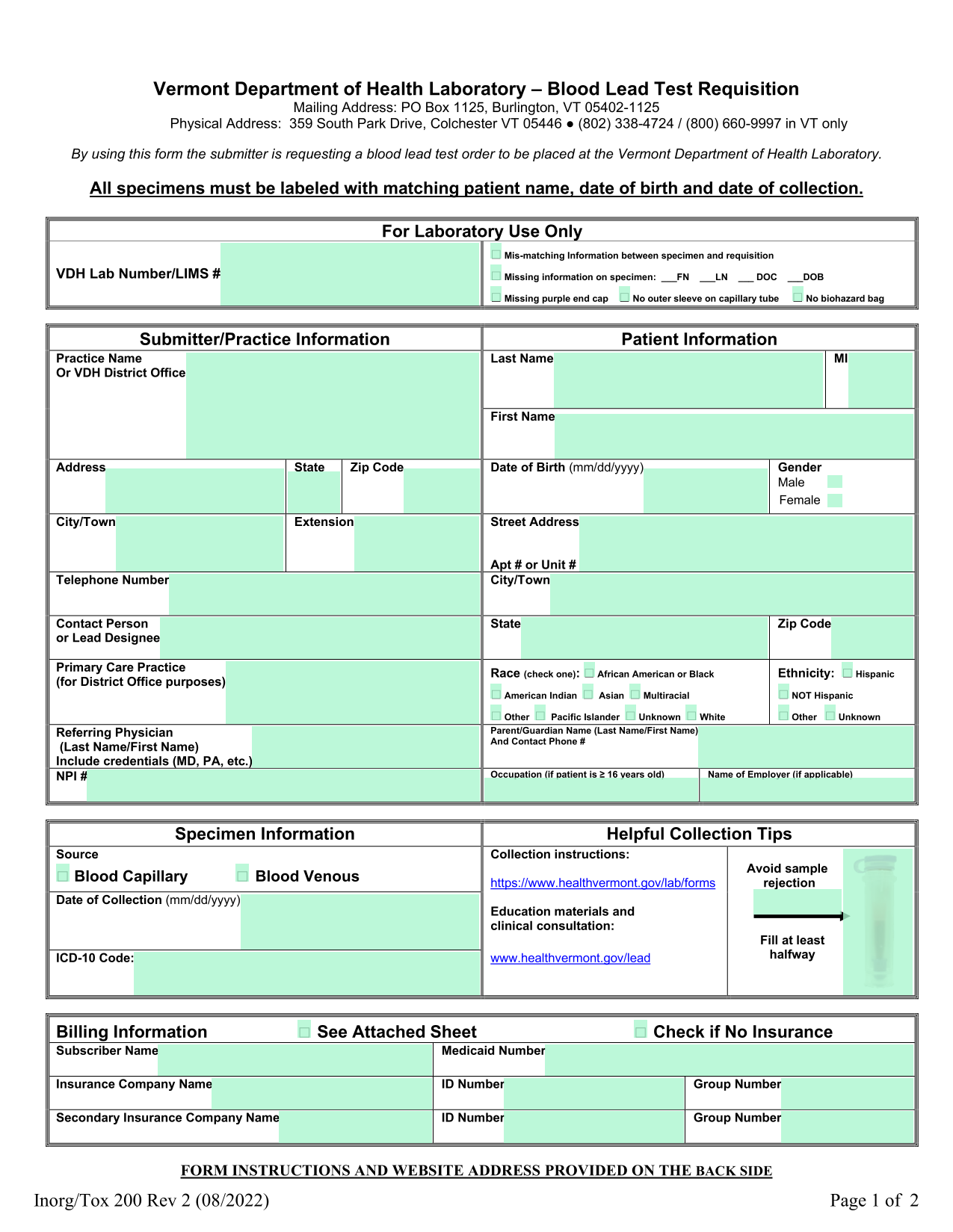 Vermont Department Of Health Laboratory  Blood Lead Test Requisition screenshot