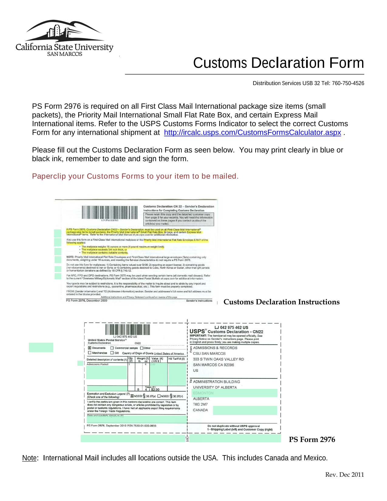 Customs Declaration Form screenshot