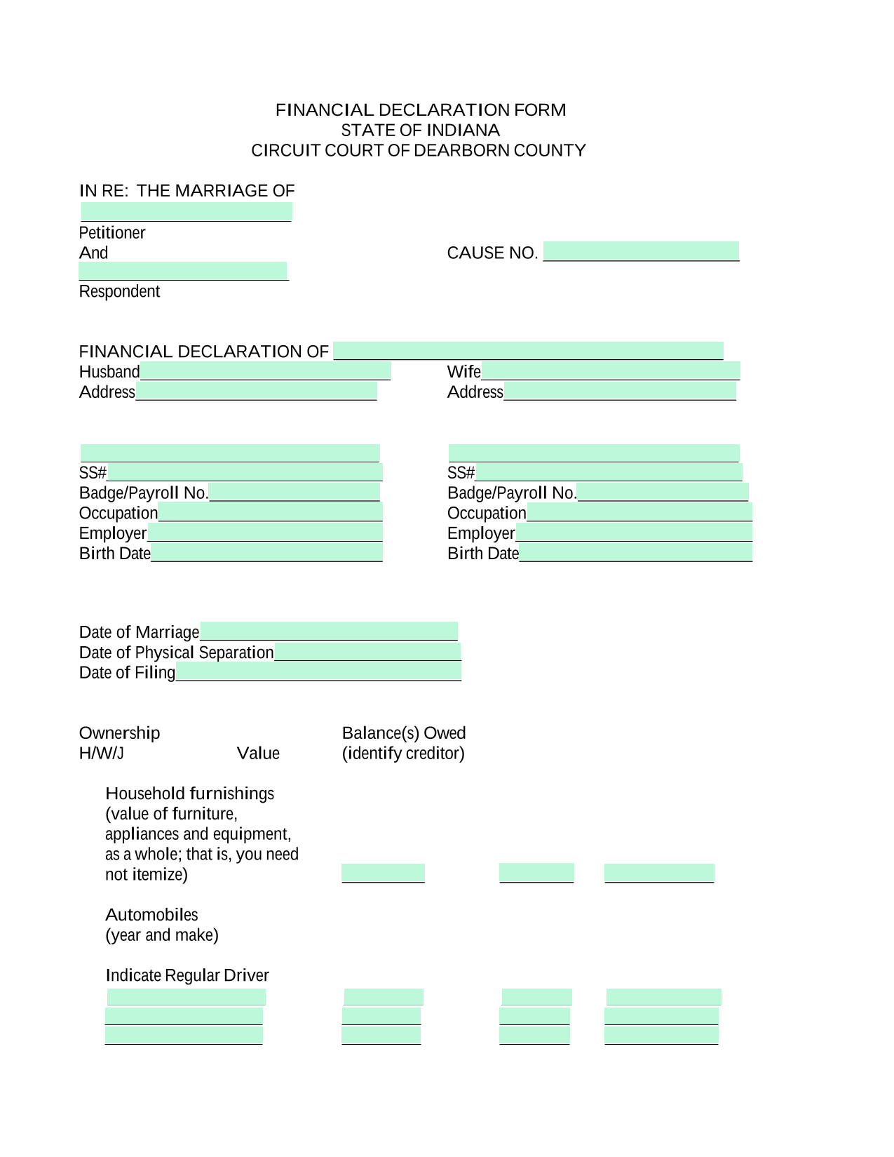 FINANCIAL DECLARATION FORM screenshot