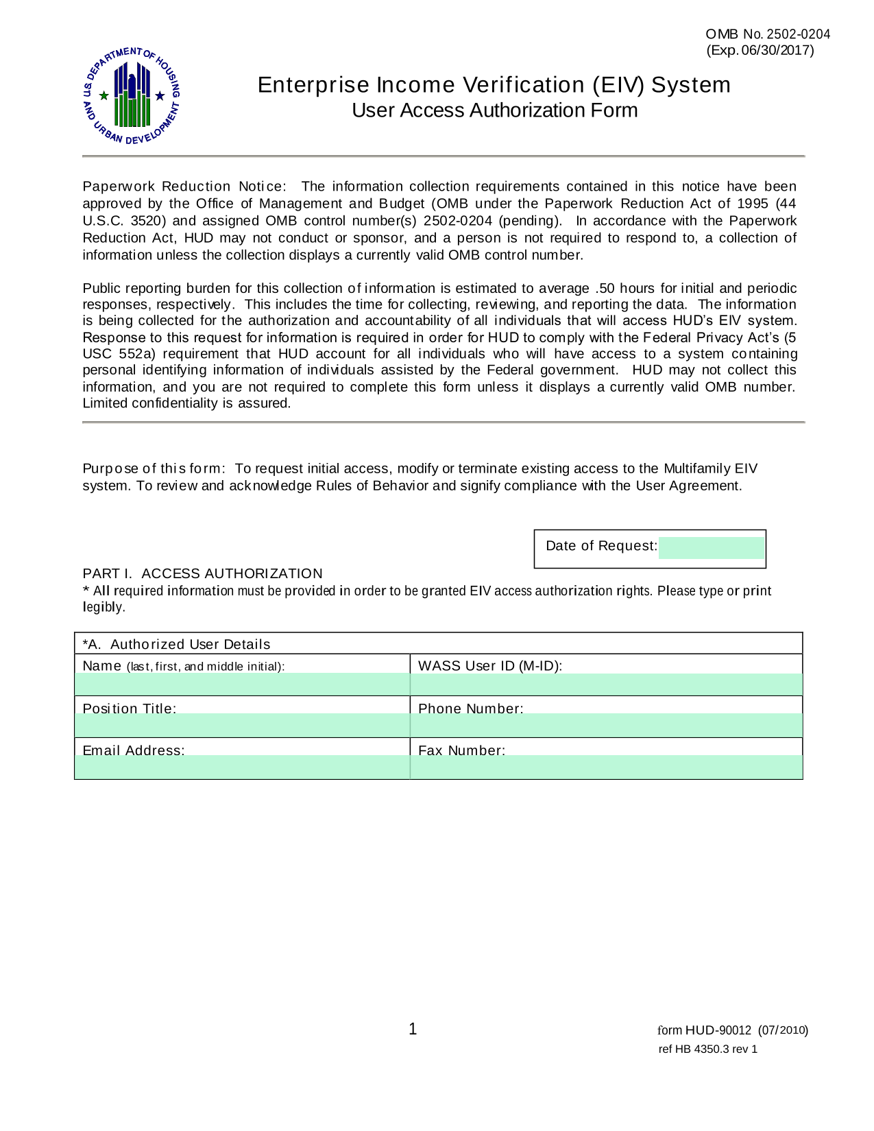 Enterprise Income Verification (EIV) System User Access Authorization Form screenshot