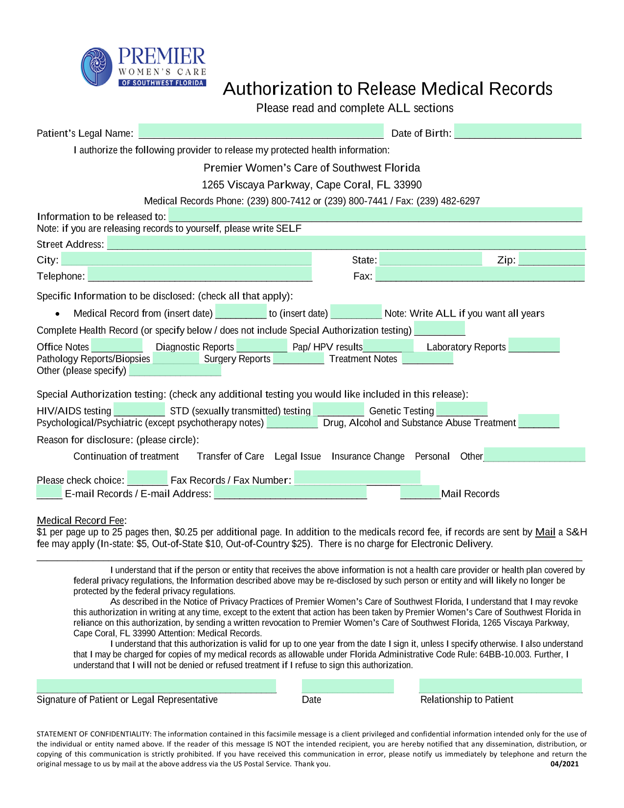 Authorization To Release Medical Records screenshot