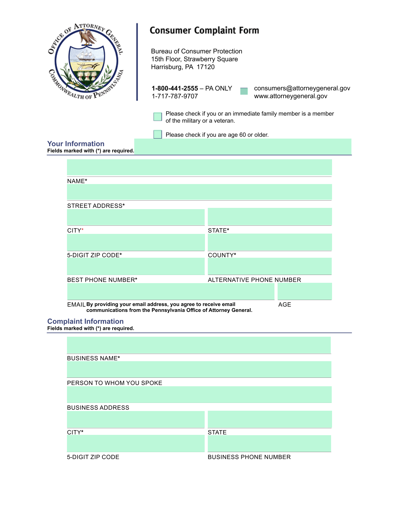 Consumer Complaint Form screenshot