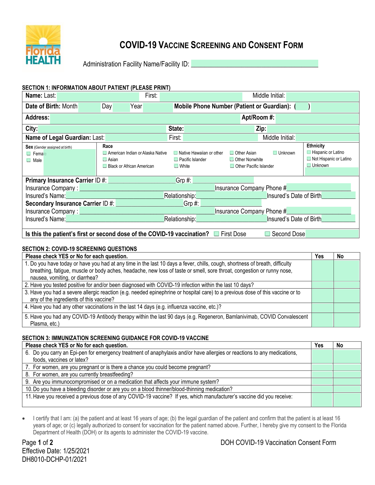 DOH COVID 19 Vaccination Consent Form screenshot