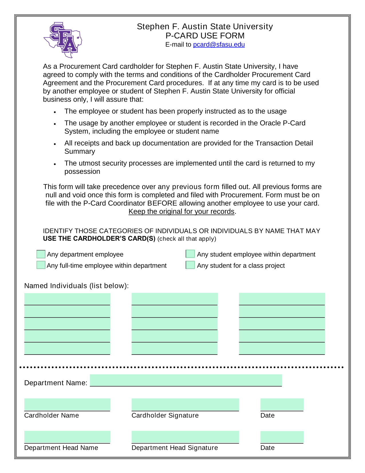 Stephen F. Austin State University P CARD USE FORM screenshot