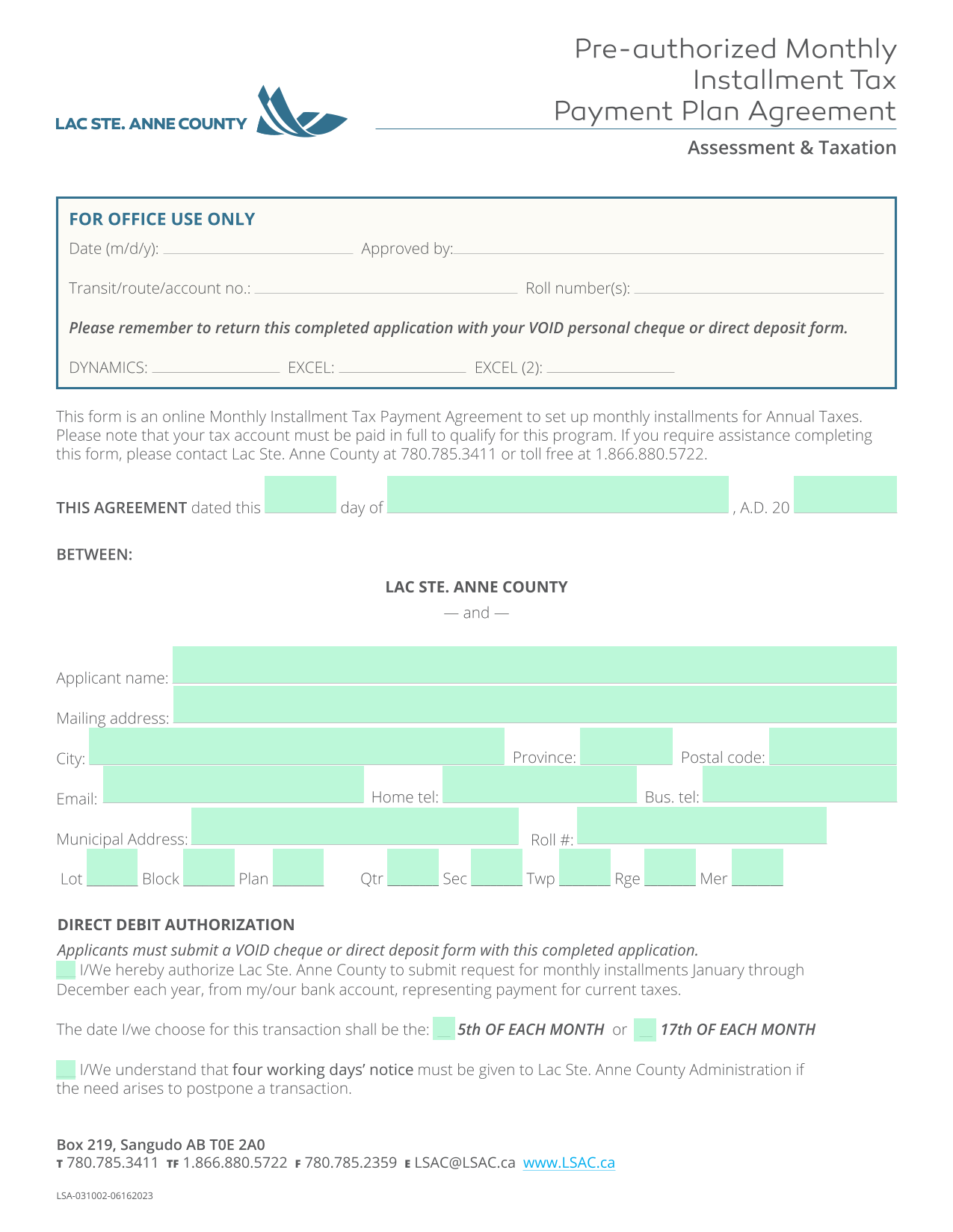 Pre Authorized Monthly Installment Tax Payment Plan Agreement screenshot