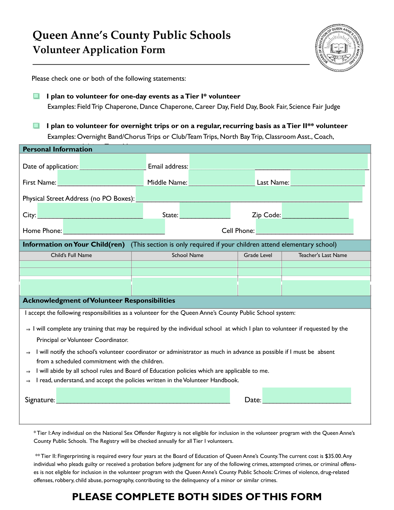 Volunteer Application Form screenshot