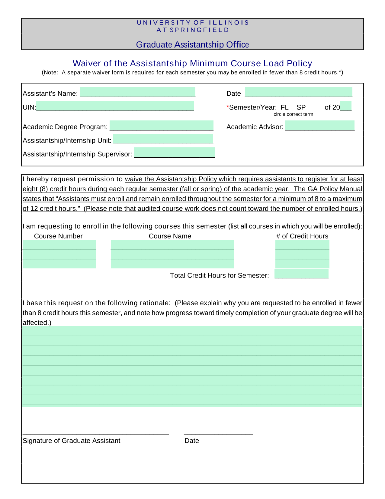 Waiver Of The Assistantship Minimum Course Load Policy screenshot