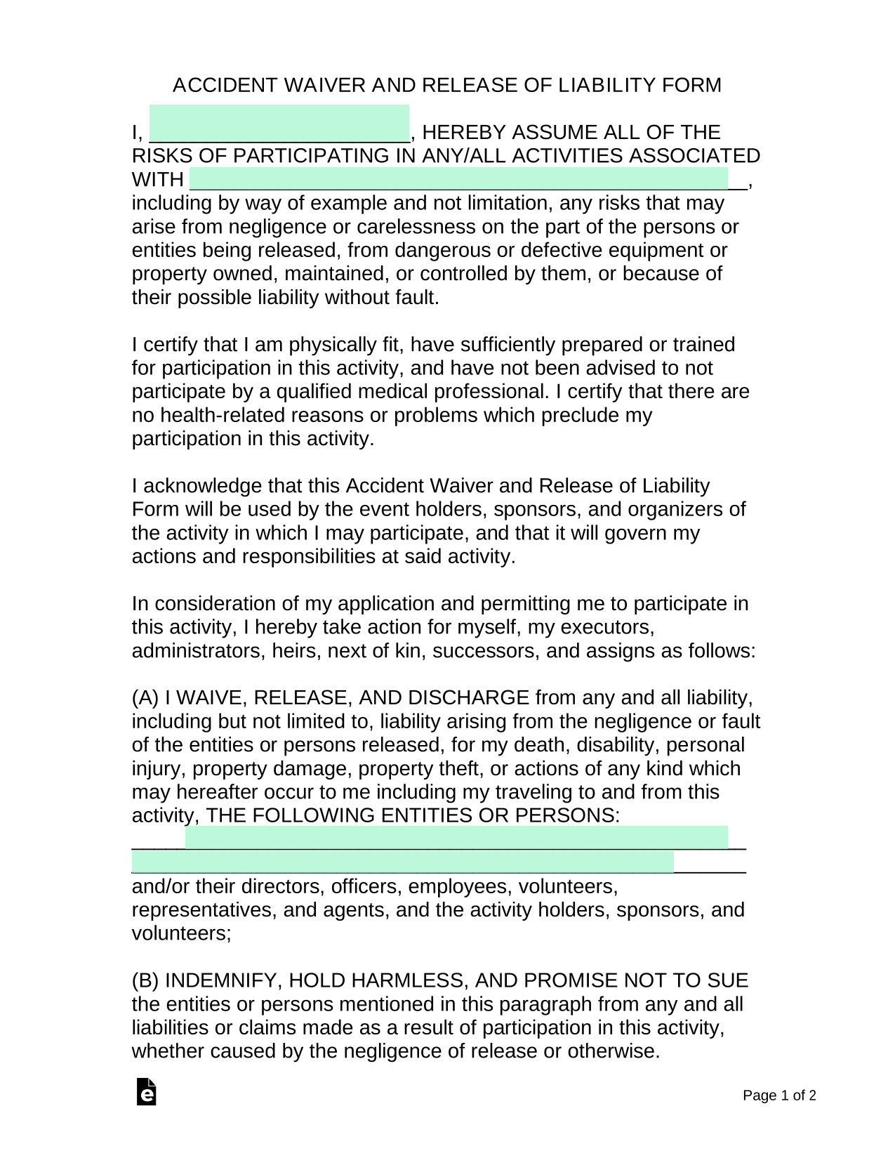 ACCIDENT WAIVER AND RELEASE OF LIABILITY FORM screenshot