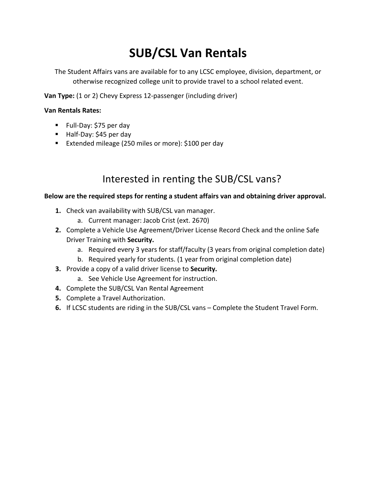 SUBCSL Van Rentals Student Affairs VAN RESERVATION  RENTAL AGREEMENT screenshot