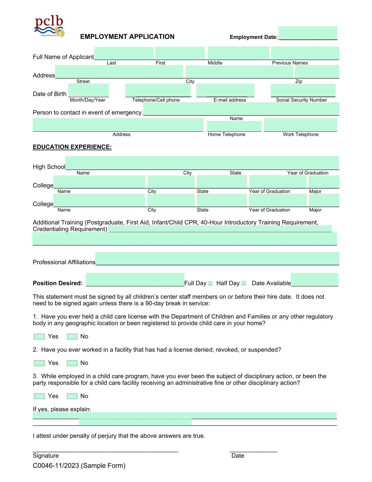 Employment Application screenshot