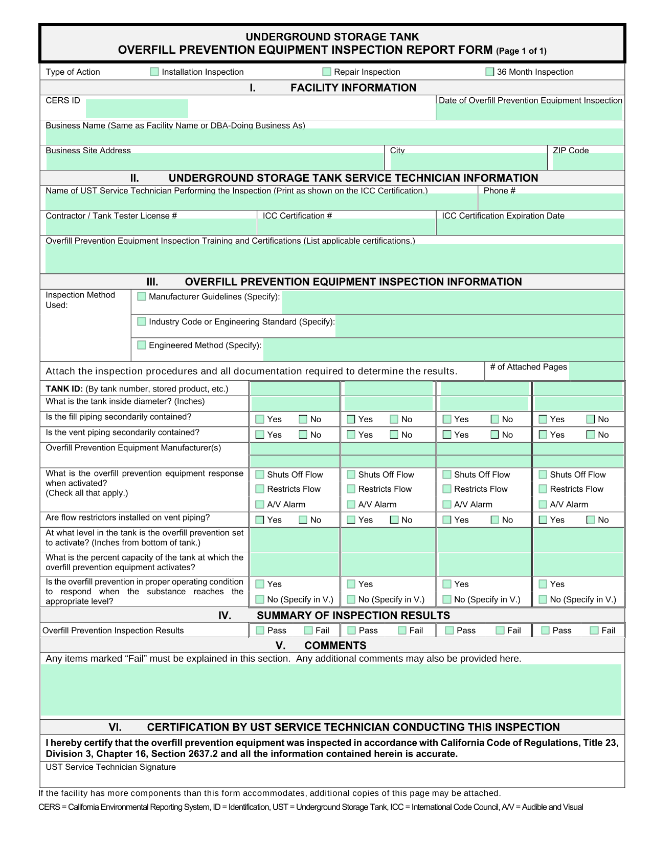 Underground Storage Tank Overfill Prevention Equipment Inspection Report Form screenshot