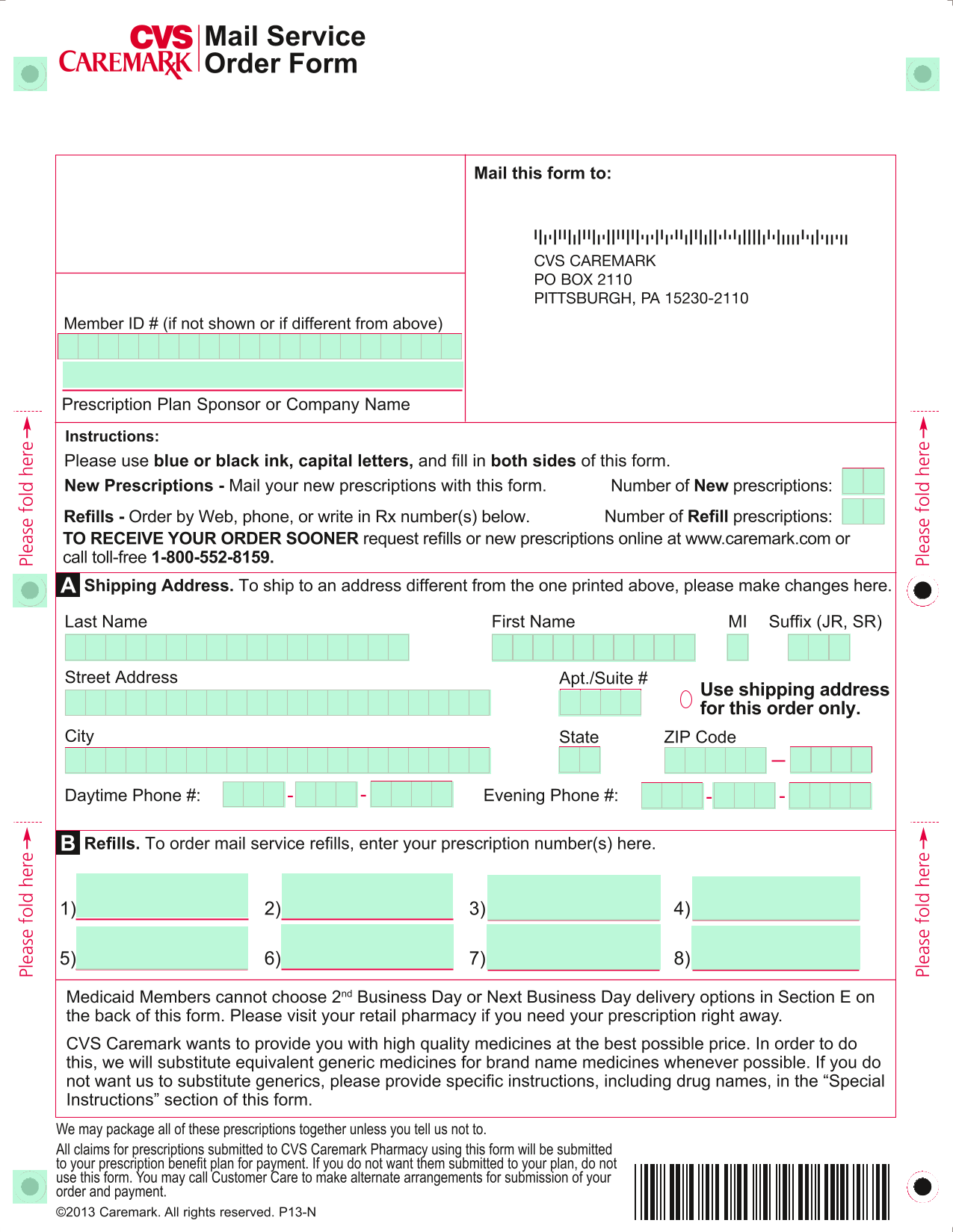 CVS Caremark Mail Service Order Form screenshot