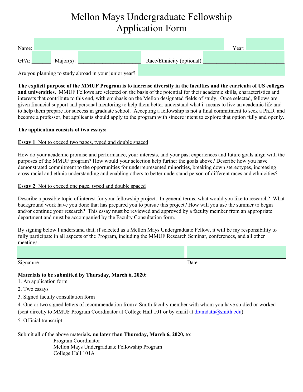 Mellon Mays Undergraduate Fellowship Application Form screenshot
