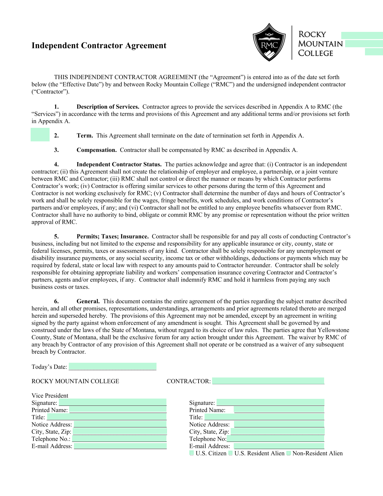 Independent Contractor Agreement screenshot