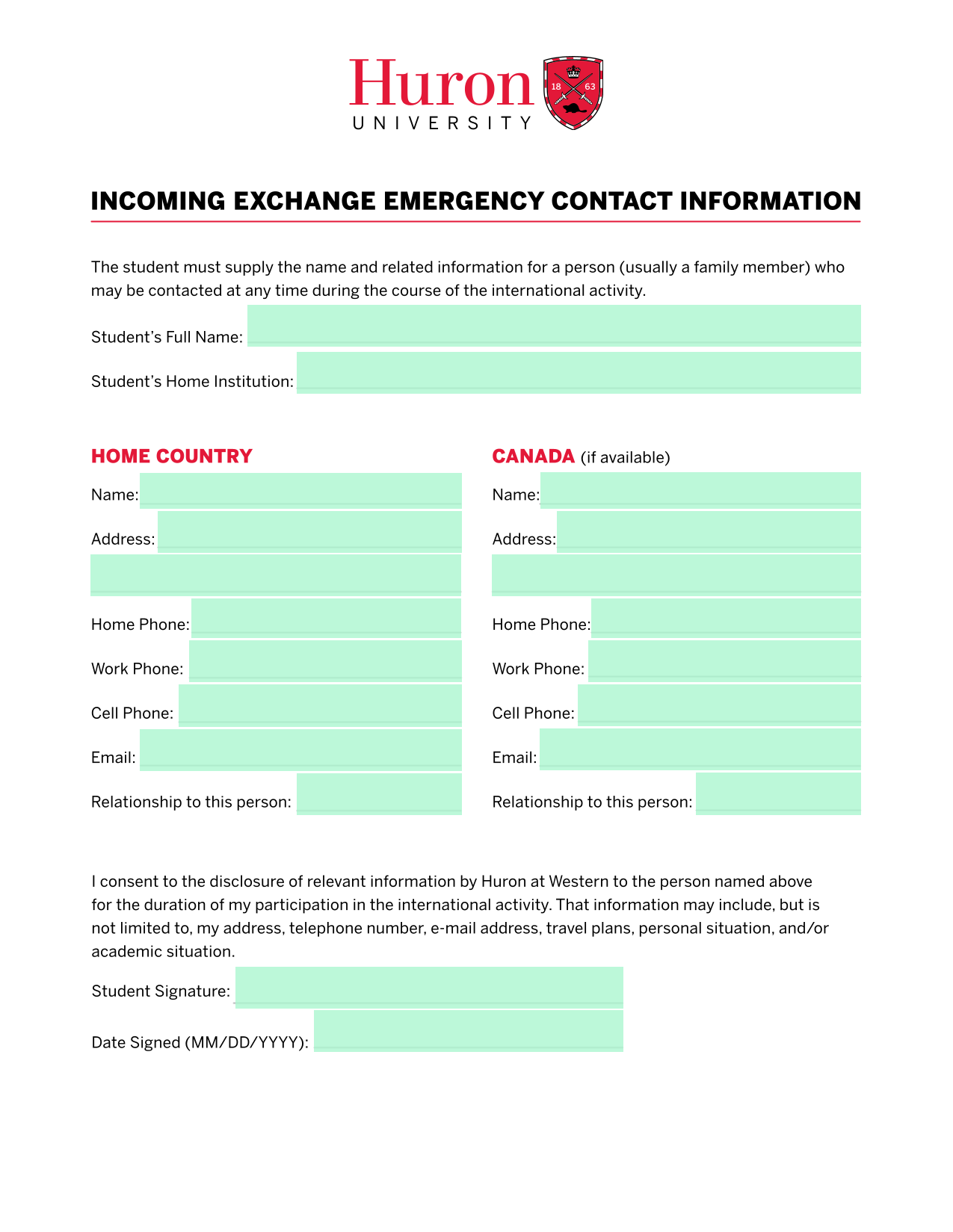 Incoming Exchange Emergency Contact Information screenshot