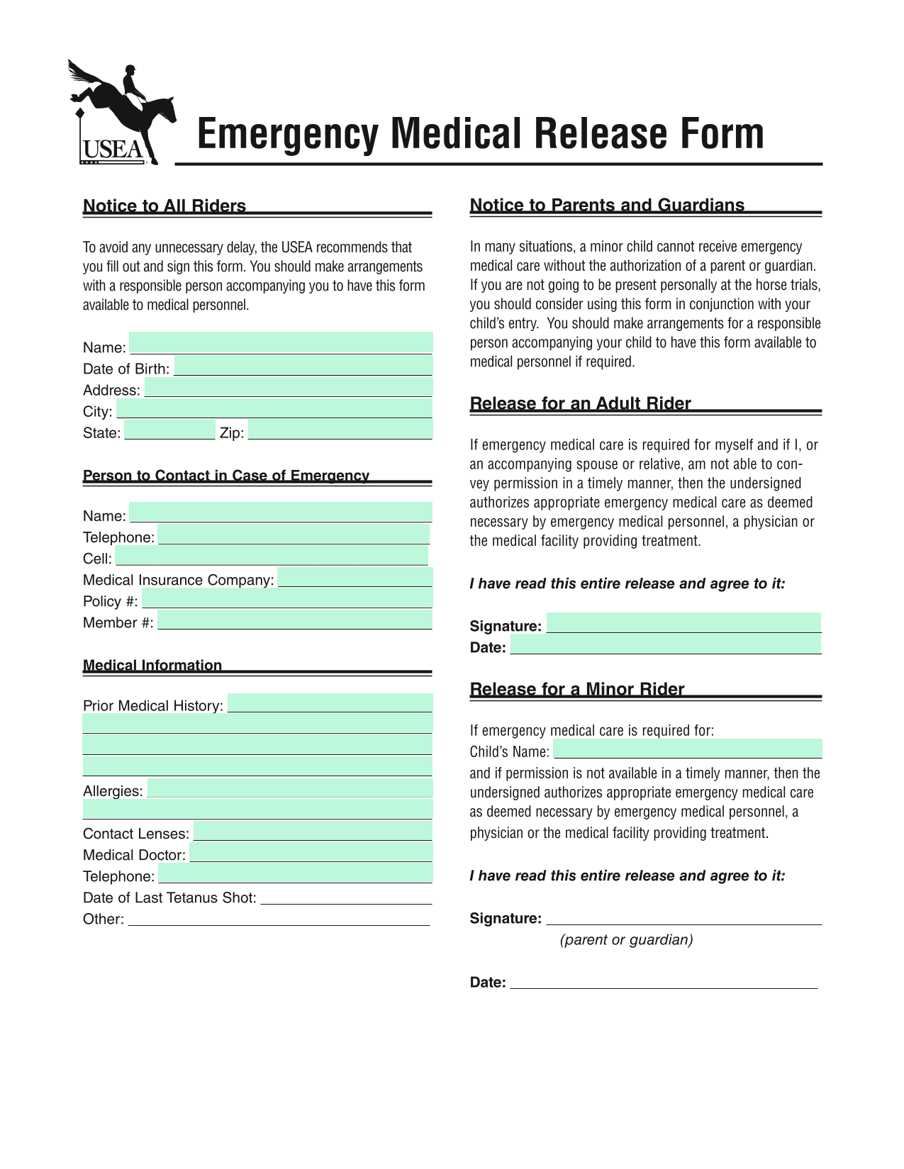 Emergency Medical Release Form screenshot