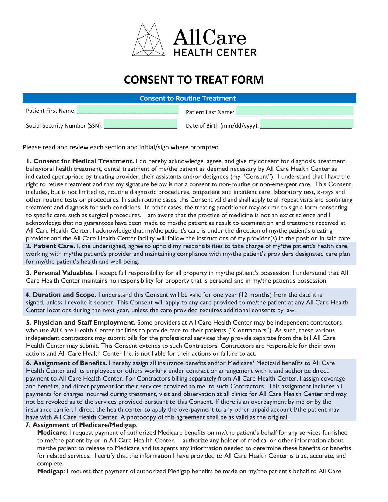 Consent To Treat Form screenshot